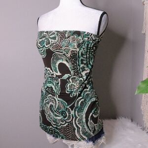 Vintage Brown and Teal Floral Strapless Tube Top